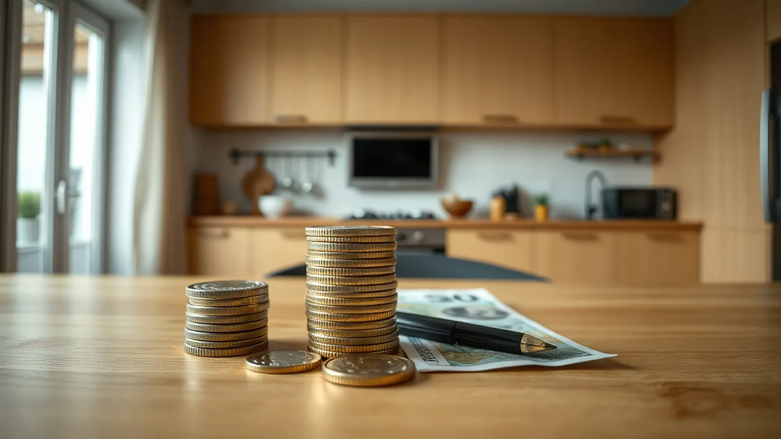 A neat stack of coins and a few softly out-of-focus banknotes on a wooden desk, illustrating how much does IPTV cost