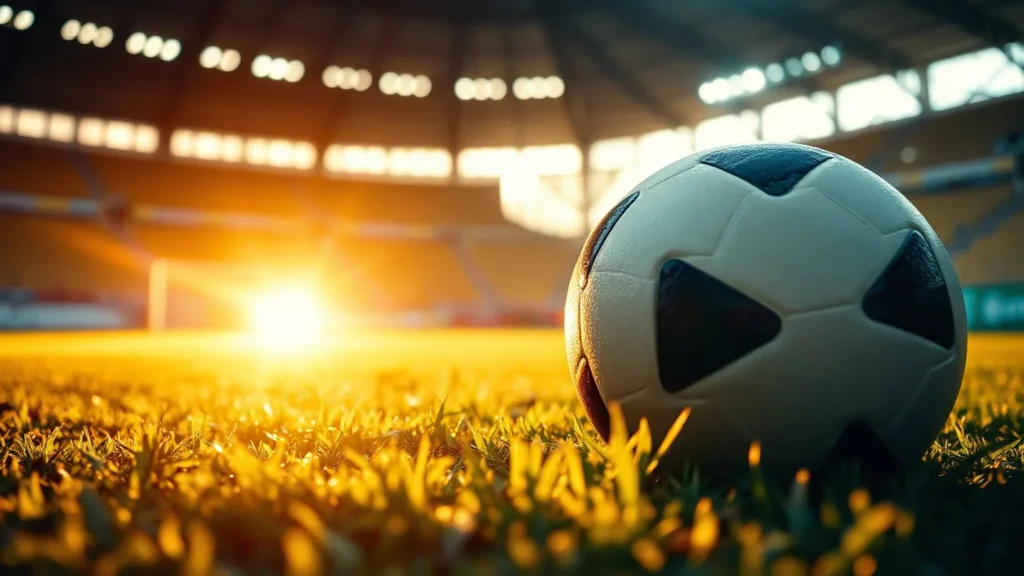 A football resting on dewy green grass in golden light, illustrating IPTV Champions League