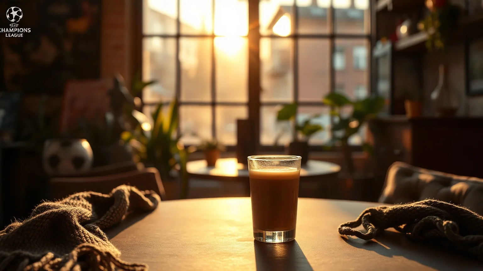 A knitted scarf and a cold drink on a table, illustrating IPTV Champions League