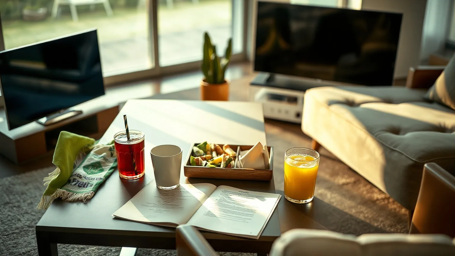 Matchday snacks and drinks on a coffee table with a team scarf draped nearby, illustrating IPTV Champions League