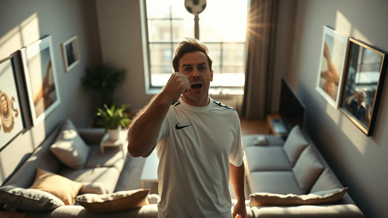 A fan in a plain jersey clenching a fist in celebration, illustrating IPTV Champions League