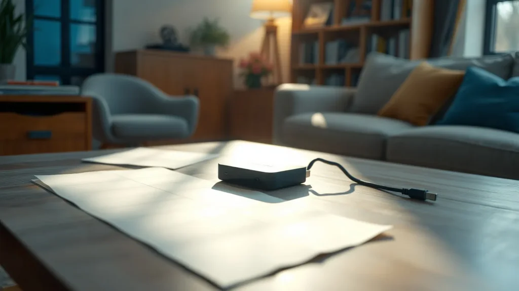 A remote control and a small streaming dongle laid out on a table in soft daylight, illustrating IPTV einrichten
