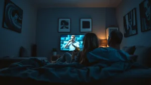 A couple relaxing under a blanket with snacks in an intimate evening, illustrating IPTV Filme Serien