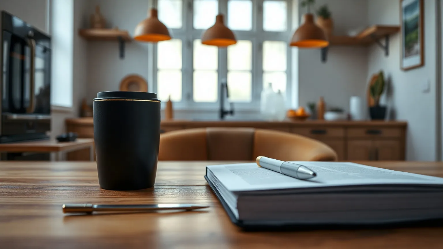 A minimalist still life of a coffee cup and a notebook on a wooden desk, illustrating IPTV kein Bild