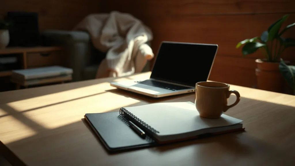 A clean modern lifestyle desk with a notebook, illustrating IPTV kein Ton
