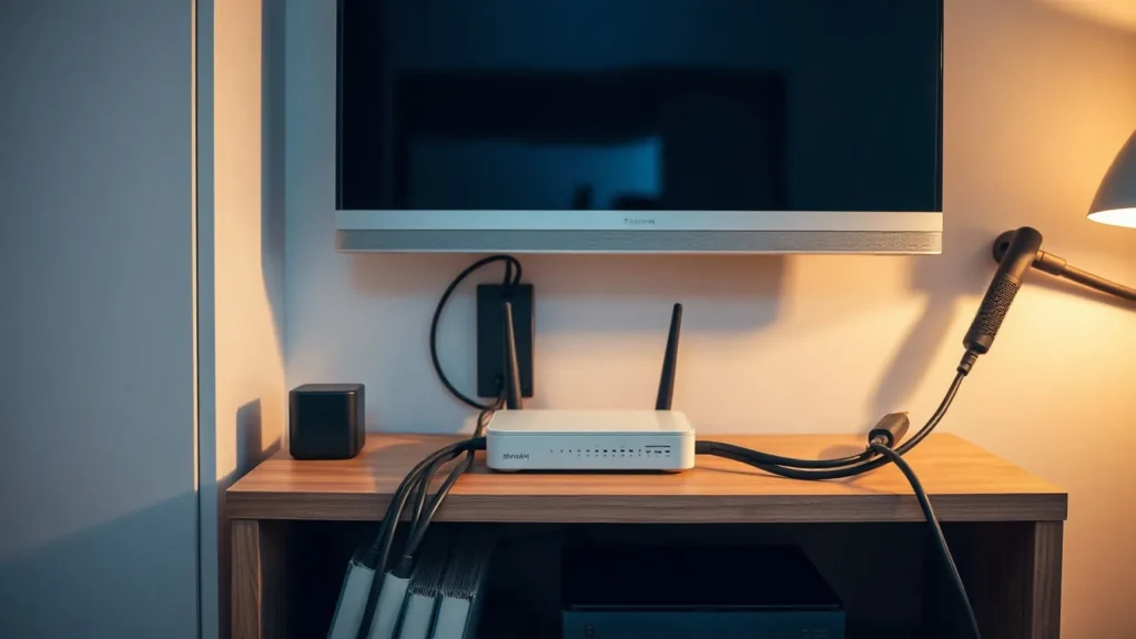 Tidy cable management behind a media unit with a Wi-Fi router and HDMI cables, illustrating Enigma2 IPTV einrichten