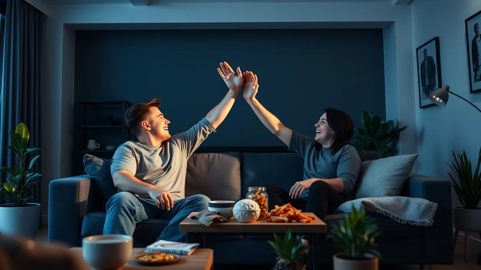 Two friends high-fiving on a sofa with snacks around, illustrating IPTV NFL