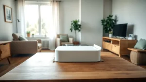 A plain streaming box being unboxed on a wooden table, illustrating IPTV URL won't open