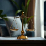 A balanced brass scale comparing two small plain objects on a desk, illustrating IPTV vs Joyn