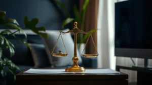 A balanced brass scale comparing two small plain objects on a desk, illustrating IPTV vs Joyn