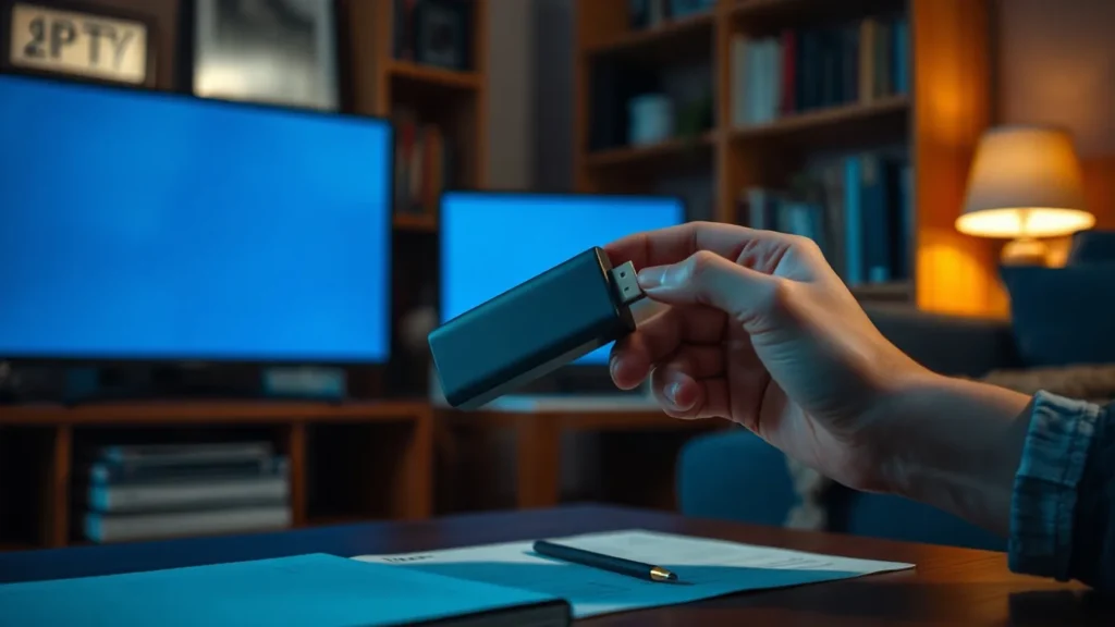 Close-up of hands plugging a small unbranded streaming stick into an HDMI port, illustrating IPTV Windows PC