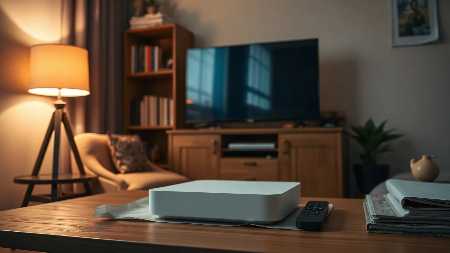 A plain streaming box being unboxed on a wooden table, illustrating set up Smart IPTV